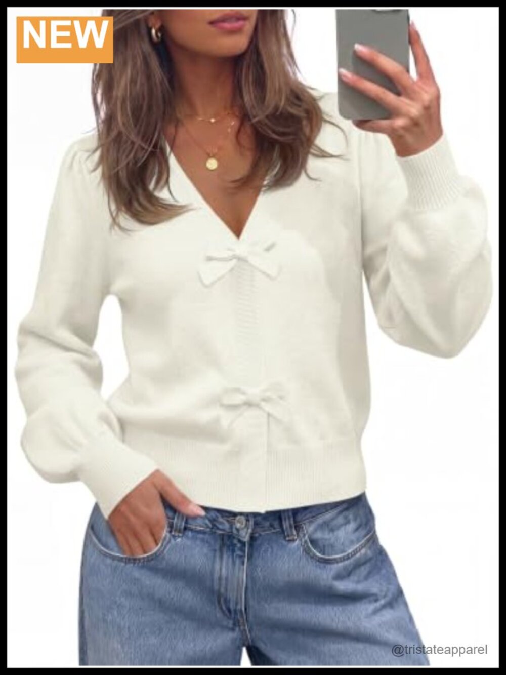 Women's Ribbed Knit Cardigan Bow Detail Puff Sleeve V-Neck